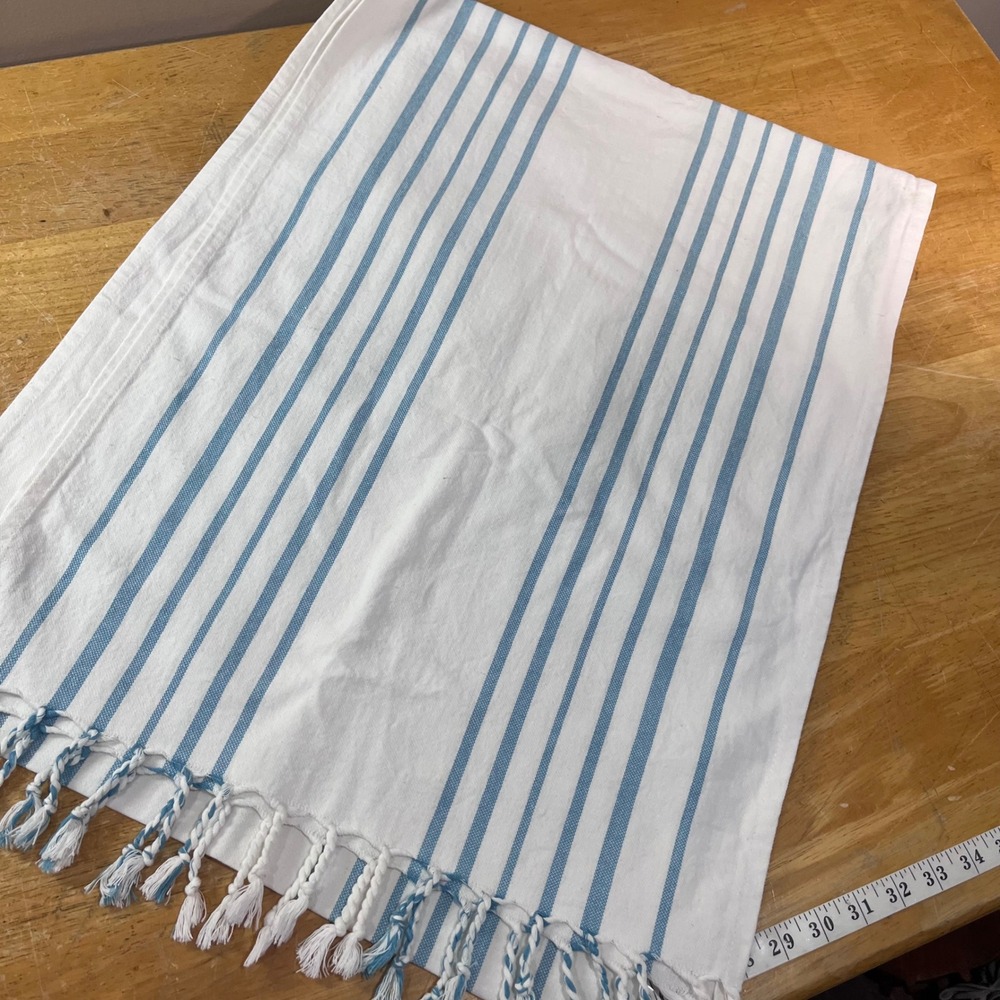 Williams Sonoma Blue White Striped Cotton Table Runner Tassel Fringe 100x19